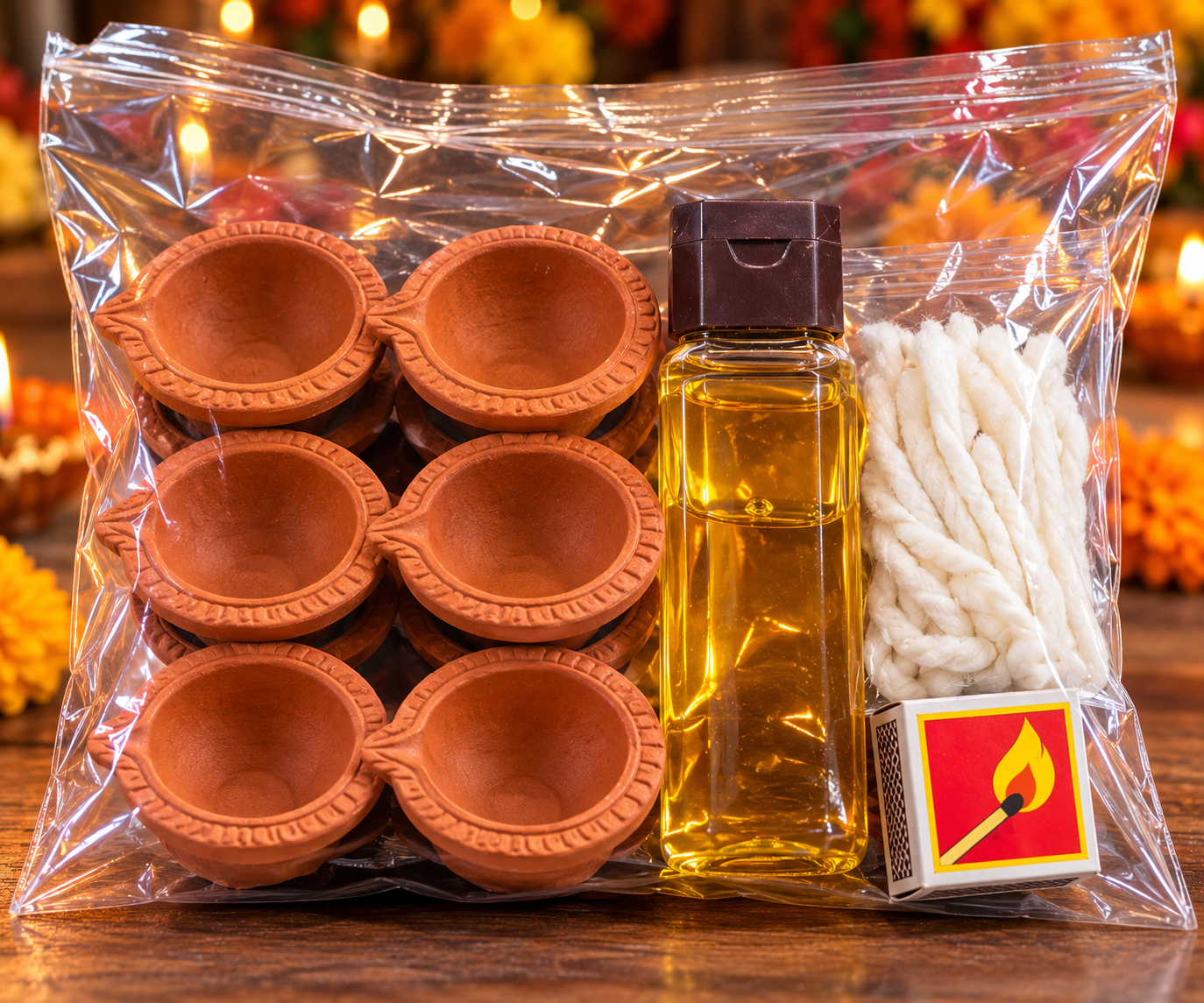A sealed Diwali Roshni Seva pack with six clay diyas, a bottle of oil, cotton wicks and a matchbox